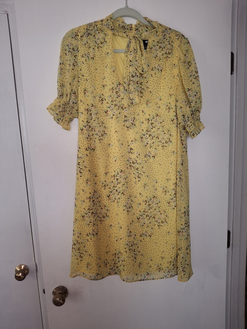 DKNY Yellow Floral Tie-Neck Shift Dress